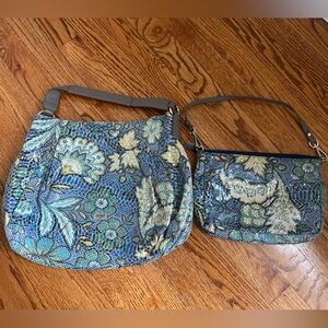 GENUINE LEATHER - Elegant Floral Shoulder Bag Set in Blue and Green